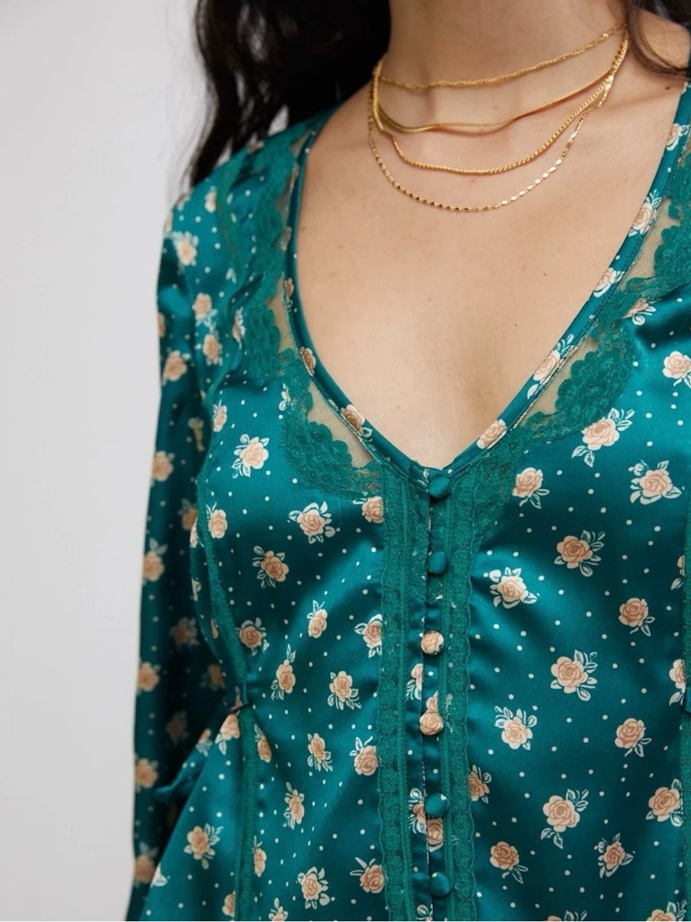 Free People Field Of Roses Button-Front Long Sleeve FloralSatin Teal Blouse NWOT - Picture 4 of 10